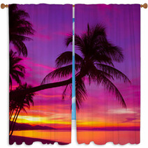 Palm Tree Silhouette At Sunset On Tropical Beach Window Curtains 63423132