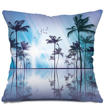 Palm Trees At Sunset  With Reflection In Water Pillows 56669272