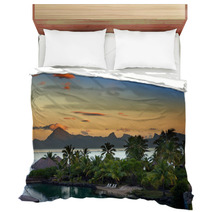 Palm Trees Sand A Sunset Over The Sea And Mountain.. Bedding 67363674