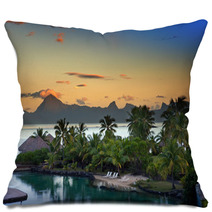 Palm Trees Sand A Sunset Over The Sea And Mountain.. Pillows 67363674