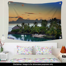 Palm Trees Sand A Sunset Over The Sea And Mountain.. Wall Art 67363674