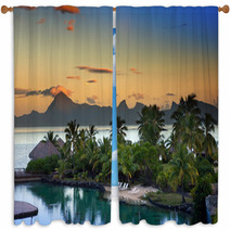 Palm Trees Sand A Sunset Over The Sea And Mountain.. Window Curtains 67363674