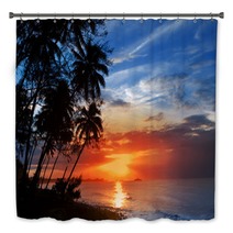 Palm Trees Silhouette And A Sunset Over The Sea Bath Decor 67363665