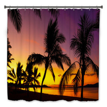 Palms Silhouettes On A Tropical Beach At Sunset Bath Decor 53244111