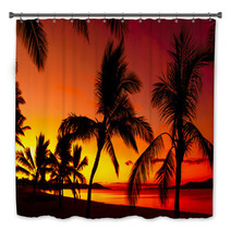 Palms Silhouettes On A Tropical Beach At Sunset Bath Decor 56361423