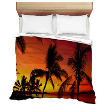 Palms Silhouettes On A Tropical Beach At Sunset Bedding 56361423