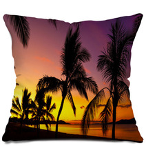 Palms Silhouettes On A Tropical Beach At Sunset Pillows 53244111
