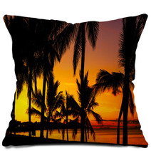 Palms Silhouettes On A Tropical Beach At Sunset Pillows 53244152