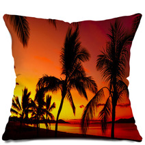 Palms Silhouettes On A Tropical Beach At Sunset Pillows 56361423