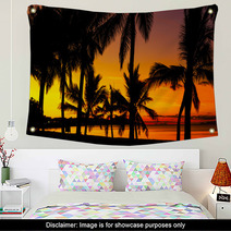 Palms Silhouettes On A Tropical Beach At Sunset Wall Art 53244152