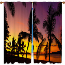 Palms Silhouettes On A Tropical Beach At Sunset Window Curtains 53244111