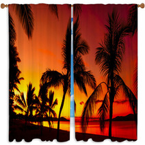 Palms Silhouettes On A Tropical Beach At Sunset Window Curtains 56361423