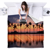 Paradise Beach Sunset Tropical Palm Trees Blankets 52997046