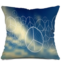 Peace Symbol Over Blue Sky Blurred Background Pillows 67924621
