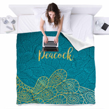 Peacock Feathers Gold And Turqiouse Background Vector Illustration Blankets 124091089