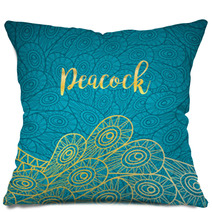 Peacock Feathers Gold And Turqiouse Background Vector Illustration Pillows 124091089