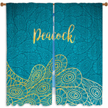Peacock Feathers Gold And Turqiouse Background Vector Illustration Window Curtains 124091089