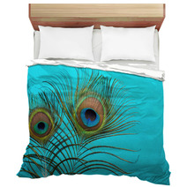 Peacock Feathers On A Blue  Background Bedding 58132239