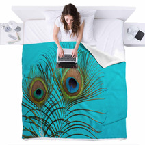 Peacock Feathers On A Blue  Background Blankets 58132239
