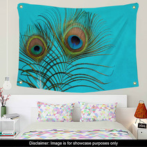 Peacock Feathers On A Blue  Background Wall Art 58132239