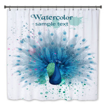 Peacock Watercolor Vector Beautiful Bird Design Colorful Paints Splash Bath Decor 211907338