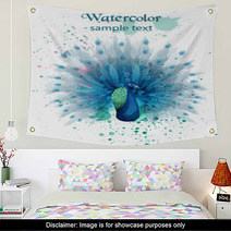 Peacock Watercolor Vector Beautiful Bird Design Colorful Paints Splash Wall Art 211907338