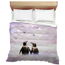 Penguin Couple In Fantasy Landscape Bedding 53226369