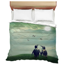 Penguin Couple In Fantasy Landscape Bedding 53960585