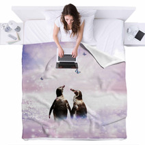 Penguin Couple In Fantasy Landscape Blankets 53226369