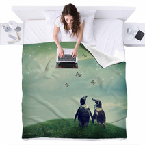 Penguin Couple In Fantasy Landscape Blankets 53960585