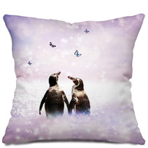 Penguin Couple In Fantasy Landscape Pillows 53226369