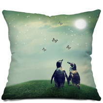 Penguin Couple In Fantasy Landscape Pillows 53960585