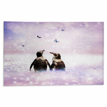 Penguin Couple In Fantasy Landscape Rugs 53226369