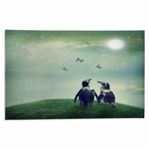 Penguin Couple In Fantasy Landscape Rugs 53960585