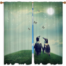 Penguin Couple In Fantasy Landscape Window Curtains 53960585