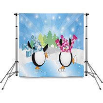 Penguins Pair Ice Skating In Winter Scene Illustration Backdrops 47169500