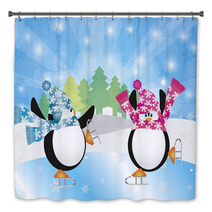 Penguins Pair Ice Skating In Winter Scene Illustration Bath Decor 47169500