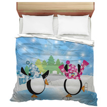 Penguins Pair Ice Skating In Winter Scene Illustration Bedding 47169500
