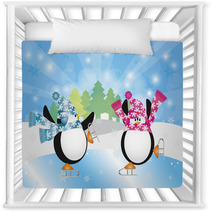 Penguins Pair Ice Skating In Winter Scene Illustration Nursery Decor 47169500