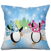 Penguins Pair Ice Skating In Winter Scene Illustration Pillows 47169500