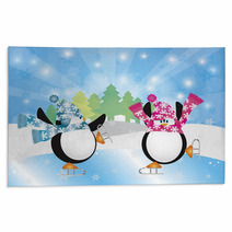 Penguins Pair Ice Skating In Winter Scene Illustration Rugs 47169500