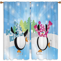 Penguins Pair Ice Skating In Winter Scene Illustration Window Curtains 47169500