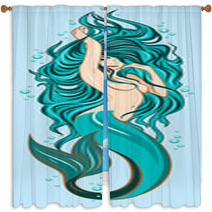 Picture Of A Cute Mermaid With Lush Long Hair Window Curtains 204082050