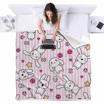 Pink Cute Kawaii Rabbits And Faces Blankets 44751702