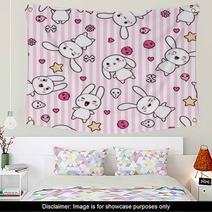 Pink Cute Kawaii Rabbits And Faces Wall Art 44751702