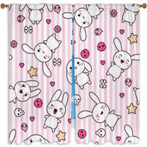 Pink Cute Kawaii Rabbits And Faces Window Curtains 44751702
