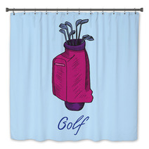 Pink Golf Bag With Putters In It Hand Drawn Doodle Sketch With Inscription Isolated Vector Color Illustration On Blue Background Bath Decor 188798789