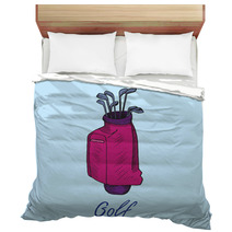 Pink Golf Bag With Putters In It Hand Drawn Doodle Sketch With Inscription Isolated Vector Color Illustration On Blue Background Bedding 188798789