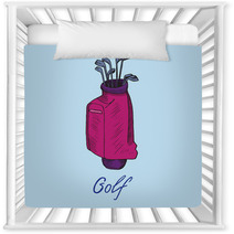 Pink Golf Bag With Putters In It Hand Drawn Doodle Sketch With Inscription Isolated Vector Color Illustration On Blue Background Nursery Decor 188798789