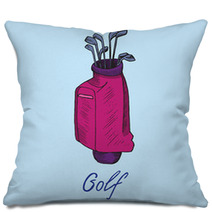 Pink Golf Bag With Putters In It Hand Drawn Doodle Sketch With Inscription Isolated Vector Color Illustration On Blue Background Pillows 188798789